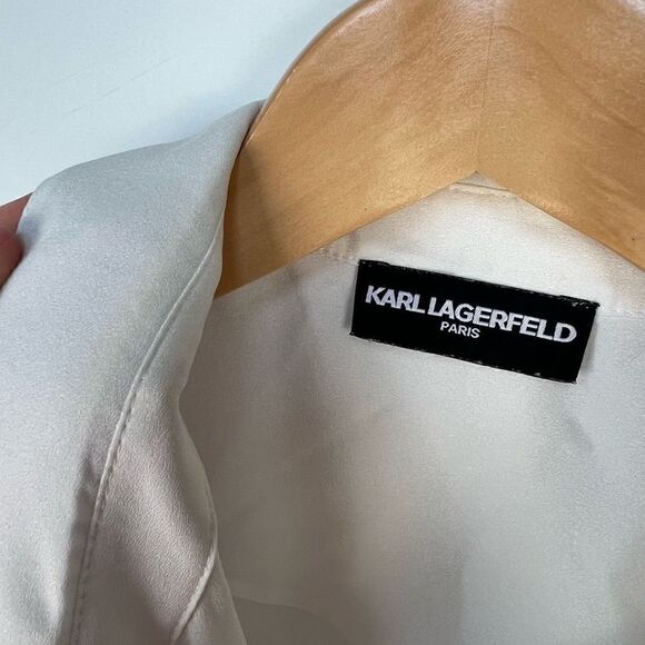 Karl Lagerfeld Top Blouse Shirt Paris Ruffle White Button Up Collared size M - Picture 8 of 10